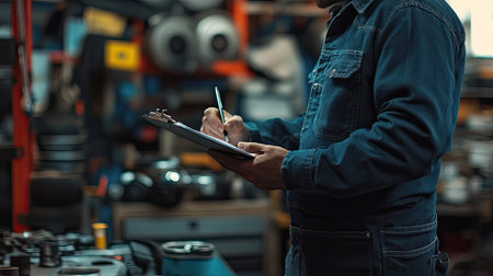 Close-up of a mechanic writing on a clipboard, surrounded by car parts in a garage.の素材