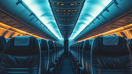 Empty airplane cabin with a focus on the row of seats and the ambient lighting aboveの素材