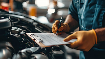 Close-up of a mechanic's hands using a clipboard to document vehicle repair needs in a garage.の素材
