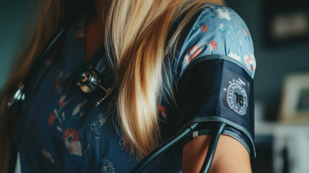 Closeup of a sphygmomanometer cuff on a woman's arm, capturing the moment of inflation during a blood pressure check.の素材