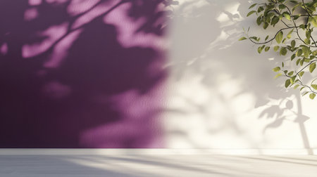 Minimalist interior wall with a white and purple backdrop, featuring leaf shadows for a natural touch.の素材