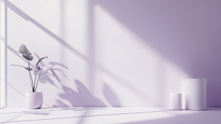Minimalist studio setup with white and purple hues, delicate leaf shadows adding a natural element.の素材