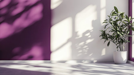 Minimalist interior wall with a white and purple backdrop, featuring leaf shadows for a natural touch.の素材