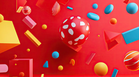 Playful 3D red background with vibrant colors and whimsical shapes, perfect for fun and cheerful visuals.の素材
