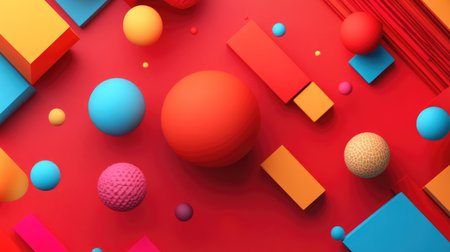 Playful 3D red background with vibrant colors and whimsical shapes, ideal for fun and cheerful visuals.の素材