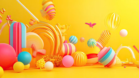 Playful 3D golden yellow background with vibrant colors and whimsical shapes, perfect for fun and cheerful visuals.の素材