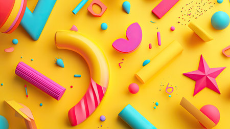 Playful 3D yellow background with whimsical shapes and vibrant hues, ideal for fun and cheerful visuals.の素材