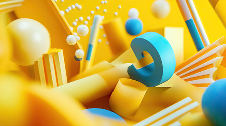 Playful 3D golden yellow background with whimsical shapes and vibrant hues, perfect for fun and cheerful visuals.の素材