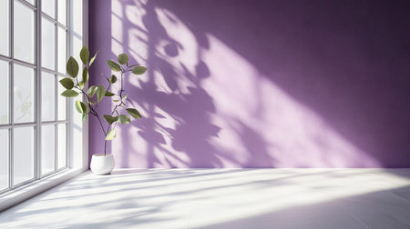 Minimalist wall interior with white and purple backdrop, leaf shadows from the window, perfect for product presentation.の素材