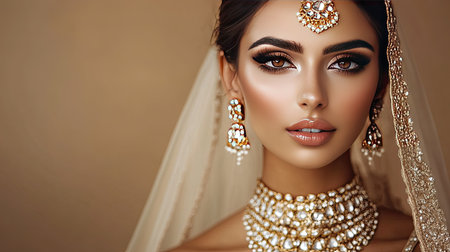 A beautiful woman in a wedding jewelry set, with a focus on her necklace and ring, perfect eyeliner makeup, and a soft beige backdropの素材