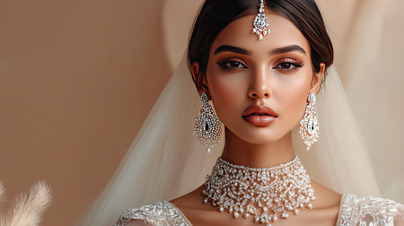 A beauty model in a wedding jewelry set, featuring a necklace and earrings, perfect eyeliner makeup, and smooth skin against a soft beige backdropの素材