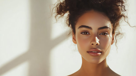 A beautiful female model showcasing her flawless, fresh skin, isolated on a light background, emphasizing natural beautyの素材