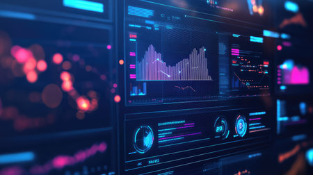 A close-up of a digital dashboard displaying real-time data and analytics, representing business automation and strategyの素材
