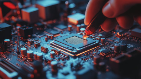 A computer technician aligning a CPU with the socket on a motherboard, showcasing the intricacies of electronics assembly.の素材
