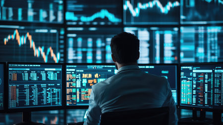 A businessman reviewing stock market analytics, planning strategies for business growth and success in 2025.の素材