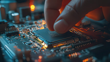 A close-up of a technician carefully installing a CPU into the socket on a motherboard, emphasizing the attention to detail required.の素材