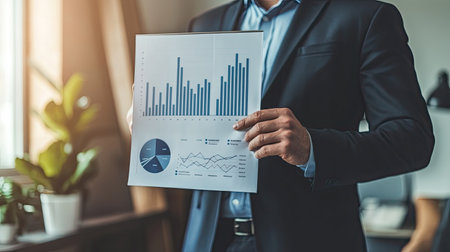 A businessman holding a 2025 growth graph, planning new business strategies and addressing upcoming challenges.の素材