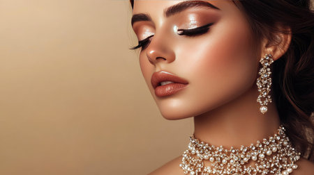 A close-up of a woman's face, adorned in a wedding jewelry set with a necklace and earrings, perfect makeup, and a beige backgroundの素材