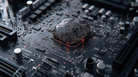 A close-up of a motherboard with a brain-like design, featuring a chipset and RAM slots. This board supports 12th Core processors, ideal for gaming and AI technologyの素材
