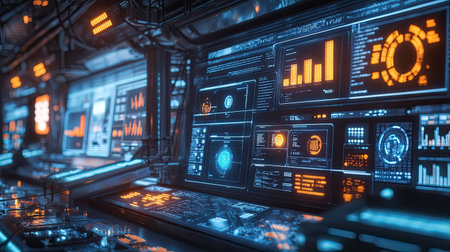 A digital dashboard monitoring a smart factory's automated systems, with icon graphics representing data flow and control.の素材