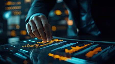 A businessman analyzing a 2025 growth graph, discussing business goals and strategies for future development.の素材