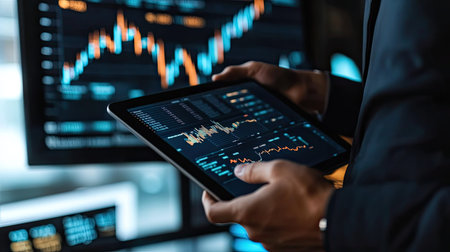 A businessman holding a tablet with stock market forecasts, strategizing for profitable business outcomes in 2025.の素材