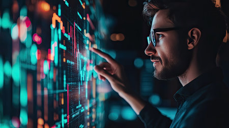 A businessman with a digital graph showing stock market growth trends, strategizing for success in 2025.の素材