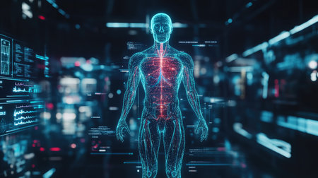 A digital hologram of a human body with AI-generated health insights displayed, representing innovative medical diagnostics technology.の素材
