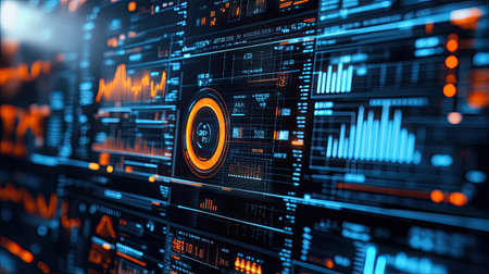 A digital display showing real-time analytics and big data, representing business process optimization and strategyの素材