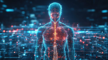 A digital hologram of a human body with AI-generated health insights displayed, representing innovative medical diagnostics technology.の素材