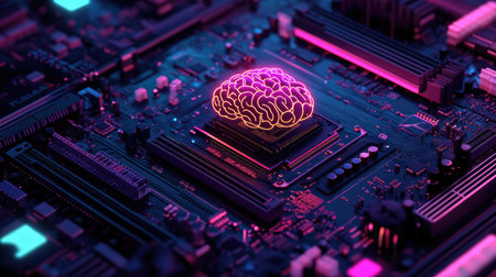 A digital illustration of a motherboard with brain elements, showcasing a powerful chipset and RAM slots for AI and gamingの素材