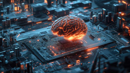 A digital rendering of a motherboard resembling a brain, emphasizing advanced technology and AI capabilities. The board supports 12th Core processors and gamingの素材