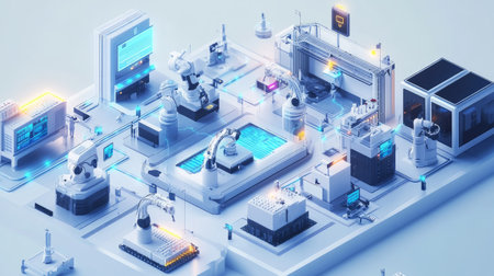 A futuristic factory setup with robots and smart devices, connected through an internet network, exemplifying Industry 4.0.の素材