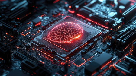 A futuristic motherboard with a brain design, supporting 12th Core processors and emphasizing AI technology and gamingの素材