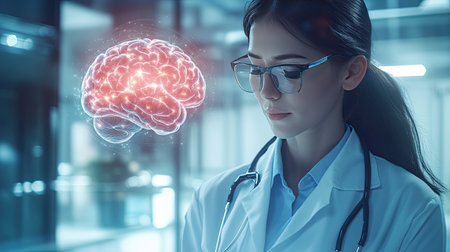 A doctor with a glowing brain, symbolizing the importance of neurological care in understanding seizures and mental healthの素材