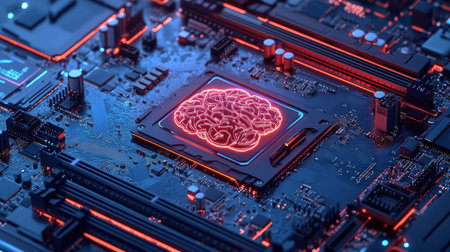 A digital illustration of a motherboard with brain technology, showcasing its chipset and support for 12th Core processors, perfect for gamingの素材