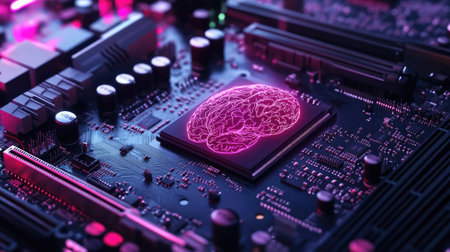 A motherboard with a brain-inspired layout, emphasizing advanced technology, AI capabilities, and support for 12th Core processorsの素材