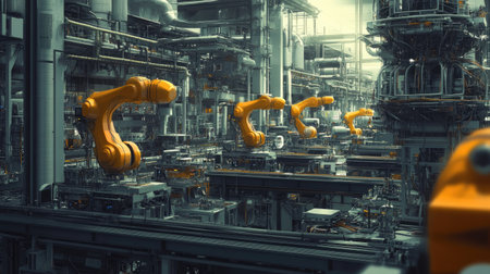 A futuristic factory with automated machinery and robots, connected via internet networks, symbolizing Industry 4.0.の素材