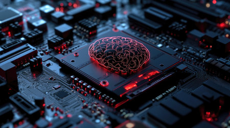 A futuristic motherboard with a brain design, showcasing a powerful chipset and RAM slots for AI and gamingの素材
