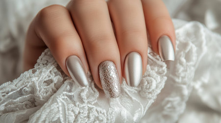 A hand with a stylish silver nail design, delicately holding white lace fabric, showcasing the elegant manicure against a white backgroundの素材