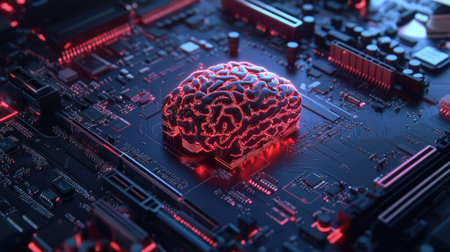 A digital rendering of a motherboard resembling a brain, highlighting its chipset and RAM slots for gaming and AI generationの素材