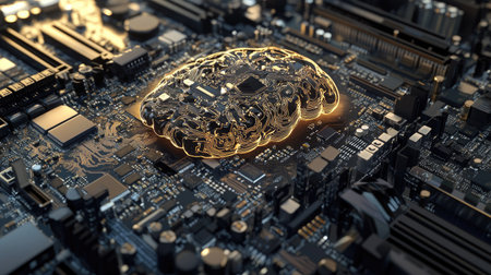 A digital rendering of a brain-shaped motherboard, showcasing a chipset and RAM slots, perfect for gaming and AI generationの素材