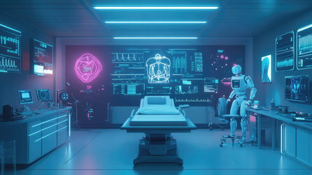 A futuristic medical consultation with AI-powered diagnostic tools, featuring digital robots and holographic patient data.の素材