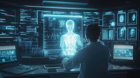 A healthcare professional uses AI technology to analyze a virtual hologram of a patient's medical history, enhancing diagnostic accuracy.の素材