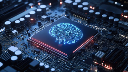 A motherboard with a brain-inspired layout, emphasizing advanced technology, AI capabilities, and support for 12th Core processorsの素材