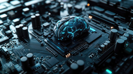 A futuristic motherboard with a brain design, showcasing a powerful chipset and RAM slots for AI and gamingの素材