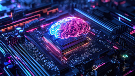 A motherboard with a brain-inspired design, highlighting a chipset and RAM slots for high-performance gaming and AI generationの素材