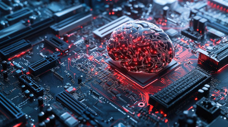 A motherboard designed as a brain, representing advanced technology and AI generation. The board supports 12th Core processors for gamingの素材