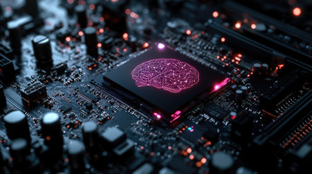 A motherboard with a brain-inspired layout, emphasizing advanced technology, AI capabilities, and support for 12th Core processorsの素材