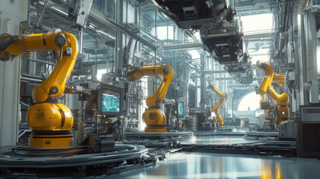 A futuristic factory with automated machinery and robots, connected via internet networks, symbolizing Industry 4.0.の素材